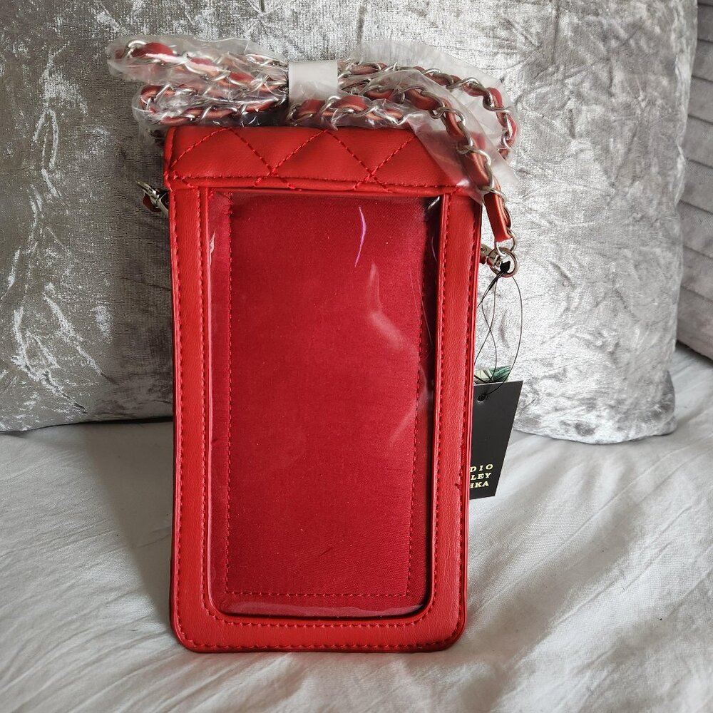 Badgley Mischka NWT Red Phone Case w/diamond quilting, strap, studs - Picture 5 of 6